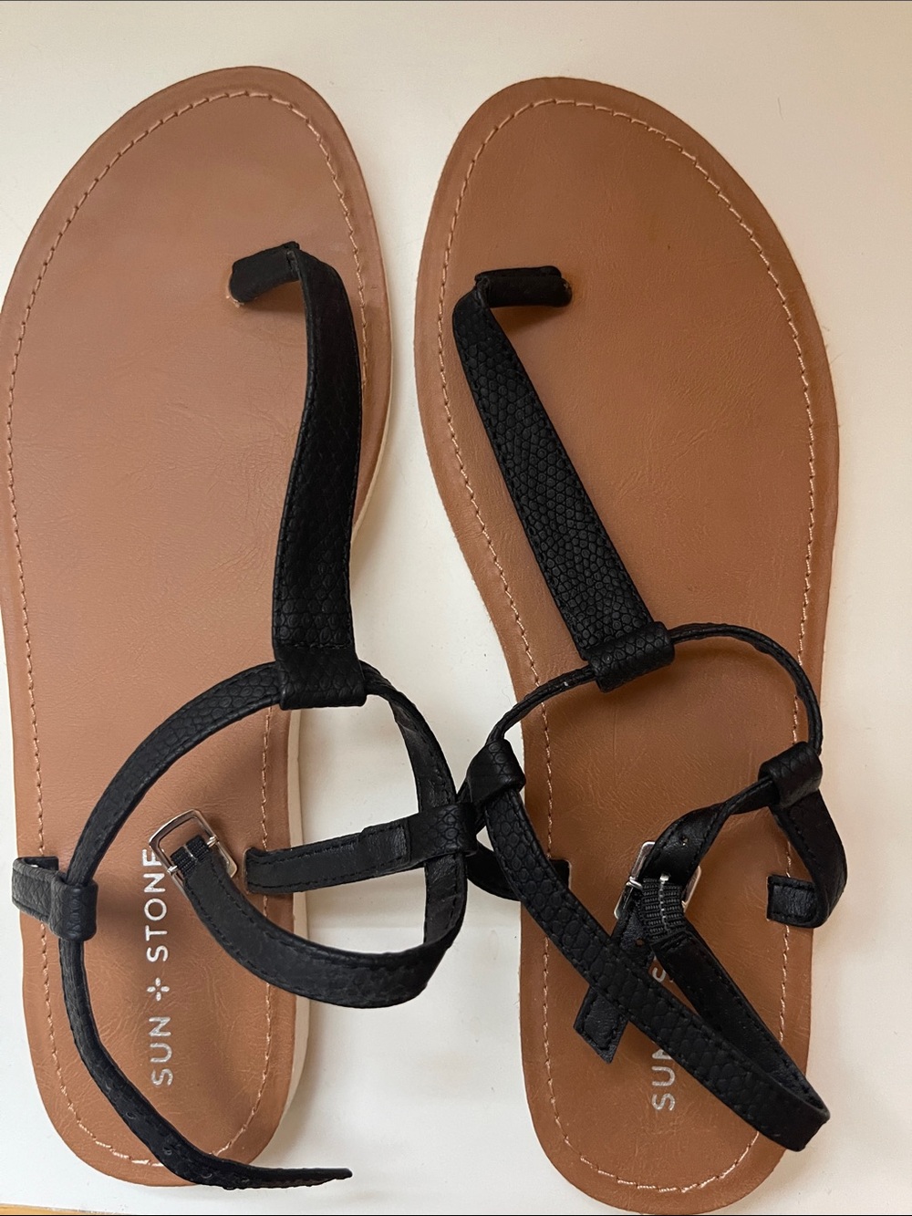 Sun + Stone Black Strappy T‑Bar Women’s Sandals